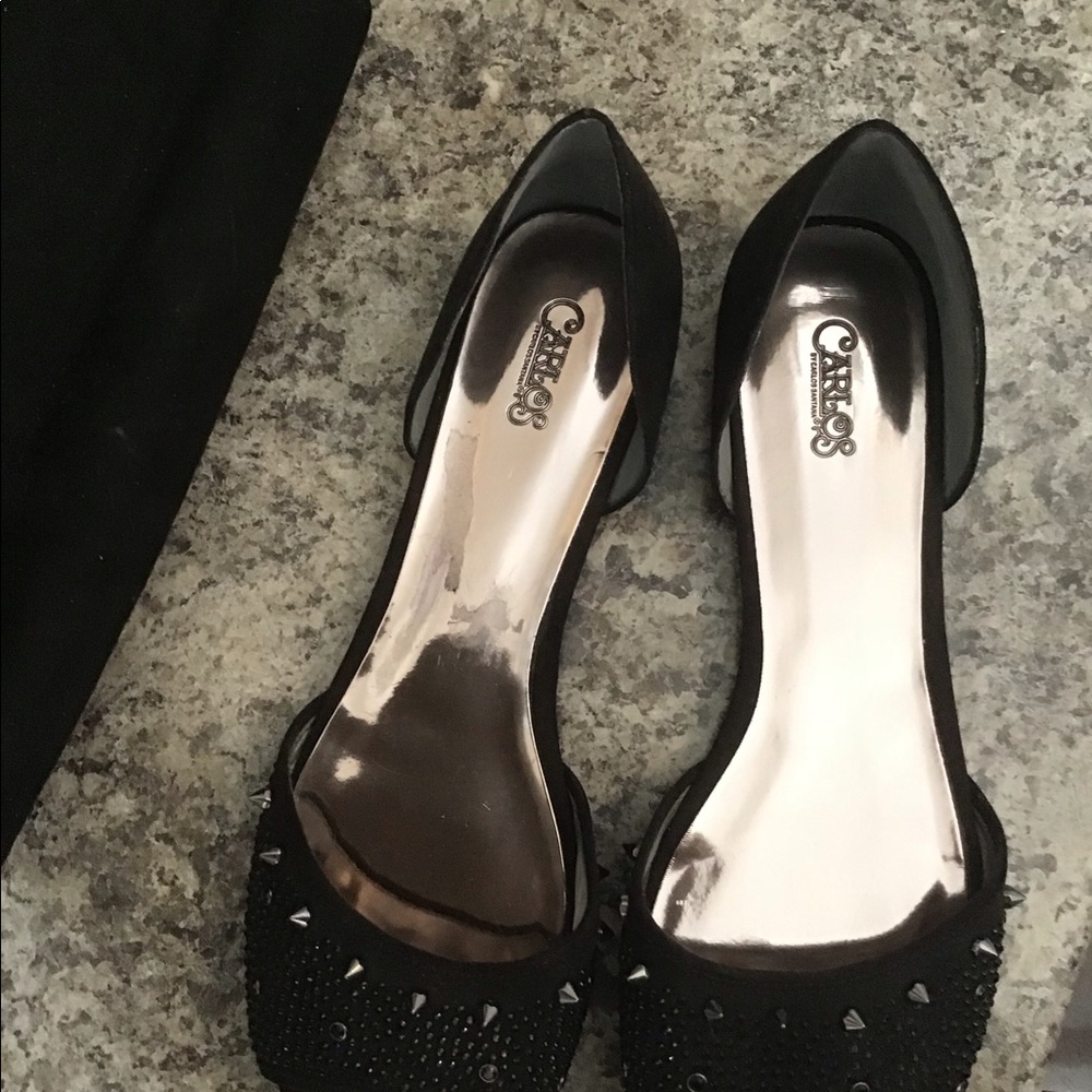 Black embellished leather perp toe shoes